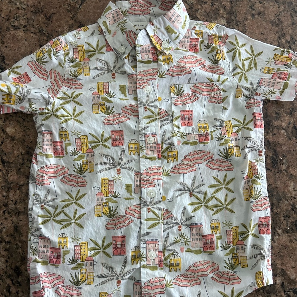 Janie and Jack White Short Sleeve Button-Up with Coral & Yellow Print
